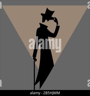 Profil des alten Mannes in Tuxedo und Zylinder, der Rohrstock hält Stock Vektor