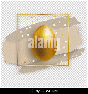 Goldenes Osterei auf dem Goldplatz mit beigefarbenen Blots auf transparentem Hintergrund. Goldenes Oster-Banner. Stock Vektor