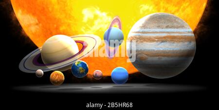 Planeten. Planet. Das Sonnensystem auf schwarzem Hintergrund. Sonne, Merkur, Venus, Erde, Mars, Jupiter, Saturn, Neptun, Uranus. Stockfoto