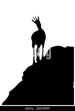 Schwarze Silhouette von Gämsen auf der Spitze des Hügels. Isoliert auf weißem Hintergrund. Abbildung. Stockfoto