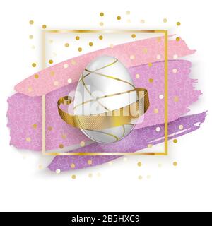 Weisses Osterei auf dem Goldplatz mit rosafarbenen Blots auf weißem Hintergrund. Grunge. Oster-Banner. Stock Vektor