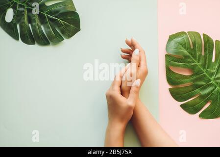 Pastellmaniküre auf blauem und rosafarbenem Hintergrund mit Palmblättern. Tropischer Hintergrund mit den Händen der Frau. Stockfoto