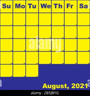 2021. August gelb auf blauem Planer Kalender mit großem Platz für Notizen Stock Vektor