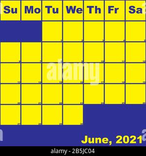 2021 Juni gelb auf blauem Planer Kalender mit großem Platz für Notizen Stock Vektor