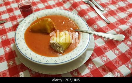 Tiefe Platte mit ungarisch gefüllten Paprika ('töltött paprika') in Tomatensauce. Traditionelles ungarisches Konzept. Stockfoto