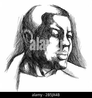 Farbzeichnung (Skizze, Hatch-Arbeit) eines Ausdrucksstarken Gesichts (Alter Mann) in einem Texturierten, Einzigartigen Stil. Künstlerische Manuelle Illustration. Stockfoto