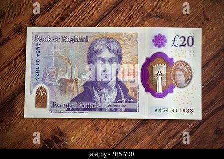 Die 2020 Polymer £20 Pfund Note von der Bank of England mit dem Künstler JMW Turner Stockfoto