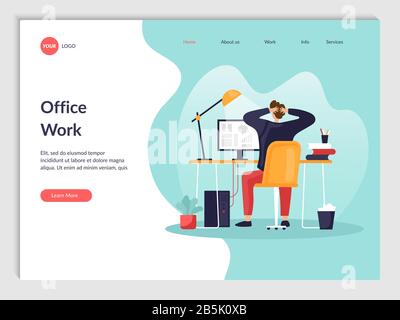 Ein Mann sitzt am Computer auf einer weißen Hintergrundvektorillustration Stock Vektor