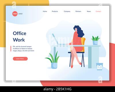 Frau sitzt am Computer auf einer weißen Hintergrundvektorillustration Stock Vektor