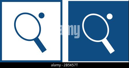 Tischtennisschläger mit Ball. Das Symbol befindet sich in einem quadratischen Rahmen. Vektor-blaue Symbole. Stock Vektor
