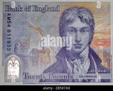 Die 2020 Polymer £20 Pfund Note von der Bank of England mit dem Künstler JMW Turner Stockfoto