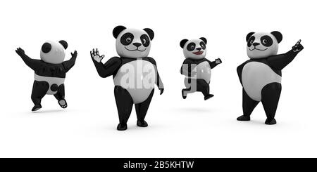 3d Panda Plastic Toy (Toy Art)-Stil in Mehreren Posen (Gruppe). Cartoon 3D-Zeichen-Design-Illustration. Stockfoto