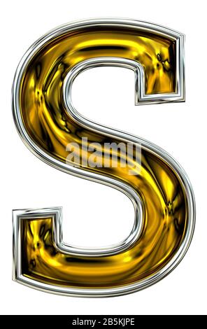 3D-Rendering. Großbuchstabe S. Unberührte Hochauflösende ABC-Wiedergabe. Neue Schriftart für Türnummer. Geprägte Metallgrafik. Silberumrandet. Isoliert Stockfoto