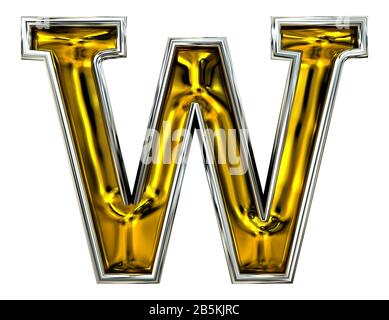 3D-Rendering. Großbuchstabe W. Hochauflösende ABC-Wiedergabe löschen. Metallprägung modern. Unberührte Schriftart für Türnummer. Silberumrandet. Isoliert o Stockfoto