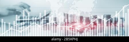 Double Exposure globalen Weltkarte auf Unternehmen finanzielle Börsenhandel Hintergrund Stockfoto