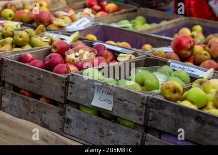 Ein Porträt von Holzkisten voller köstlicher und gesunder, selbst erwachsener und biologischer Früchte. Es gibt hauptsächlich verschiedene Arten von Appl Stockfoto