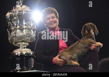 Maisie, die mit Ihrem Besitzer Kim McCalmont im Exhibition Centre (NEC) während der Crufts Dog Show die Drahthaaren-Dachshund-Siegerin Von Best in Show 2020 im Birmingham National. Stockfoto