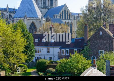 Ein Quellgarten mit traditionellen Cottages und York Minster im Hintergrund, der an einem Aprilnachmittag von der York City Wall, North Yorkshire, England, aus gesehen wurde Stockfoto