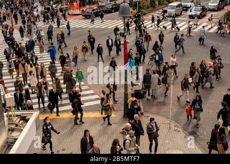 Horizontales Bild von Menschen, die die Straße auf einem Fußgängerübergang überqueren, Shinjuku, Tokio, Japan Stockfoto