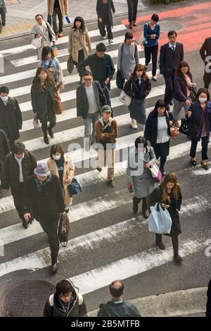 Vertikale Darstellung von Personen, die die Straße auf einem Fußgängerübergang in Shinjuku, Tokio, Japan überqueren Stockfoto