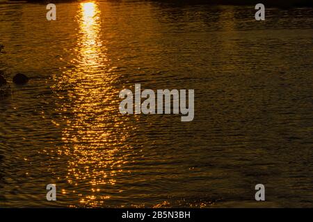 Reflexion der Strahlen der untergehenden Sonne auf der Wasseroberfläche. Wassertextur. Natürlicher Hintergrund. Stockfoto