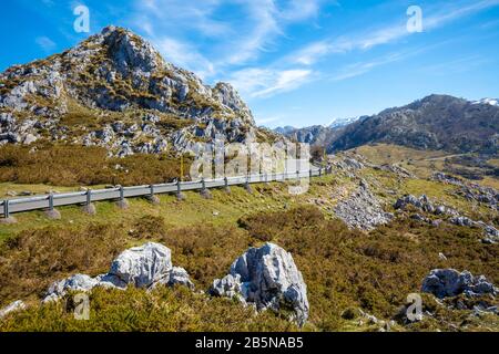 Felsige Berglandschaft. Nationalpark Picos de Europa. Straße nach Lagos de Covadonga, Asturien, Spanien, Europa Stockfoto