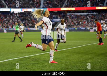 HARRISON, NEW JERSEY, EUA. März 2020. Julie Ertz aus den Vereinigten Staaten feiert ihr Tor während eines Spiels gegen Spanien, das für den She Glaubt Cup in der Red Bull Arena in Harrison, New Jersey an diesem Sonntag, 08. Gültig ist. Gutschrift: Vanessa Carvalho/ZUMA Wire/Alamy Live News Stockfoto