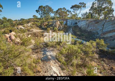 Ein Blick auf einige der Tagebauschnitte im Victoria Hills Reservat. In Bendigo, Victoria, Australien. Stockfoto