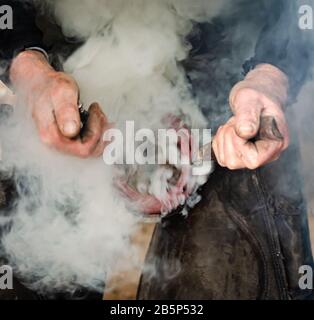 Heißes Schuhlaufen auf einem Pferd, Schmied, Reitsport Stockfoto