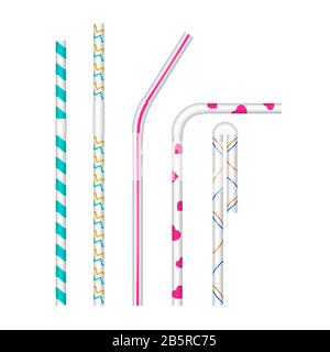 Weiße Trinkhalme mit verschiedenen Mustern. Realistischer Satz. Verschiedene Biegungen. Cocktailstroh verspottete. Stockfoto