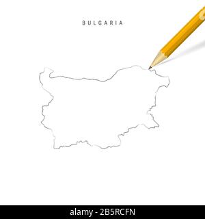 Bulgarien Freihandbleistift Skizze Karte isoliert auf weißem Hintergrund. Leere handgezeichnete Karte von Bulgarien. Realistischer 3D-Bleistift mit weichem Schatten. Stockfoto