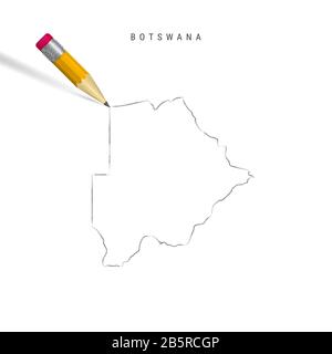 Botsuana Freihandbleistift Skizze Karte isoliert auf weißem Hintergrund. Leere handgezeichnete Karte von Botswana. Realistischer 3D-Bleistift mit weichem Schatten. Stockfoto