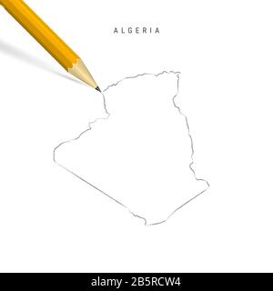 Algerien Freihandbleistift Skizze Karte isoliert auf weißem Hintergrund. Leere handgezeichnete Karte von Algerien. Realistischer 3D-Bleistift mit weichem Schatten. Stockfoto