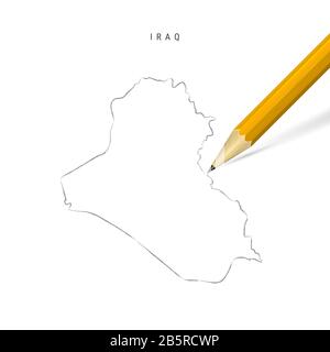 Irak Freihandbleistift Skizze Karte isoliert auf weißem Hintergrund. Leere handgezeichnete Karte des Irak. Realistischer 3D-Bleistift mit weichem Schatten. Stockfoto