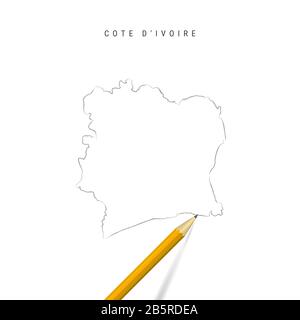 Cote d'Ivoire Freihandbleistift Skizze Karte isoliert auf weißem Hintergrund. Leere handgezeichnete Karte der Elfenbeinküste. Realistischer 3D-Bleistift mit weichem Schad Stockfoto