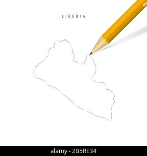 Liberia Freihandbleistift skizziert Karte isoliert auf weißem Hintergrund. Leere handgezeichnete Karte von Liberia. Realistischer 3D-Bleistift mit weichem Schatten. Stockfoto