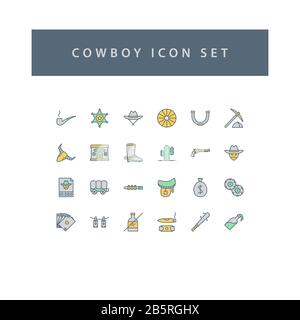 Cowboys Icon-Set mit ausgefülltem Outline-Design. Stock Vektor