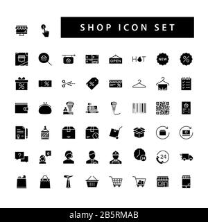 Shop Supermarkt Icon Set mit schwarzer Glyphe Design. Stock Vektor