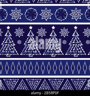 Vector Blue monochrome, schneebedeckte, glitzernde Weihnachtsbäume wiederholen das Muster mit Reihen von Sternen und geometrischen Formen. Geeignet für Textil, Geschenkverpackung und Stock Vektor