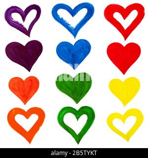 Regenbogenfarbe Hand gezeichnete Herzen Doodle Set weißer Hintergrund isoliert, Aquarell bemalte Herzkollektion, Liebessymbol, Valentins-Tag-Zeichen, Symbole Stockfoto