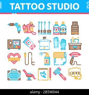 Tattoo Studio Tool Collection Icons Set Vector Stock Vektor