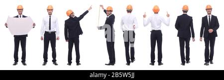 Panorama Foto Collage von qualifizierten Architekten isoliert auf weißem Stockfoto
