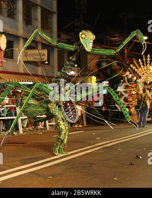 Port OF SPAIN, TRINIDAD - 20. FEBRUAR: Kelon Thomas porträtiert Die Puppet Mantis während der Junior-Queen, King und Einzelpersonen der Karnevalsfinale in Adam Sm Stockfoto