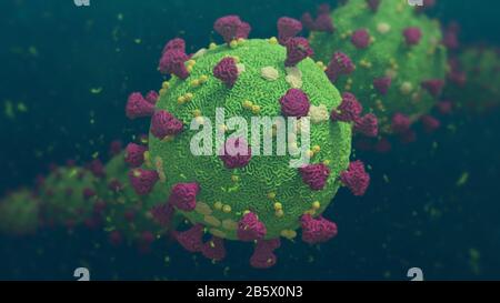 Covid-19 Coronavirus, Virus, das akute Atemwegsinfektionen verursacht, und der verbreitete Erreger der Erkältung, Sars-CoV-2 Stockfoto