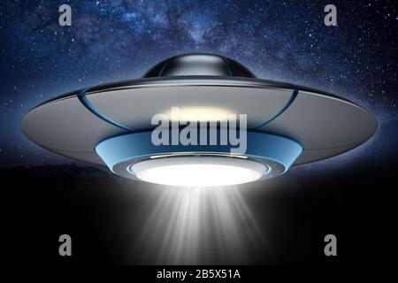 UFO mit Lichtstrahl gegen die Nacht. 3D-Abbildung. Stockfoto