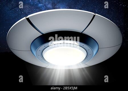 UFO mit Lichtstrahl gegen die Nacht. 3D-Abbildung. Stockfoto