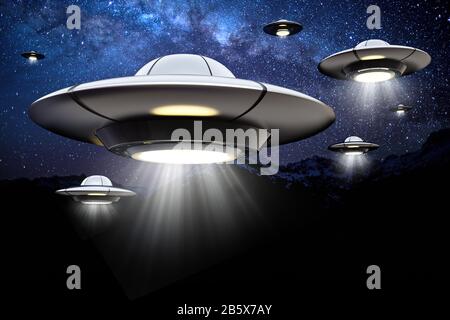 UFO mit Lichtstrahl gegen die Nacht. 3D-Abbildung. Stockfoto