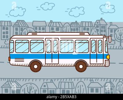 Weißer Personenbus in der Stadt. Cartoon-Stil. Öffentlicher Nahverkehr. Flaches Design. Vektor. Stock Vektor