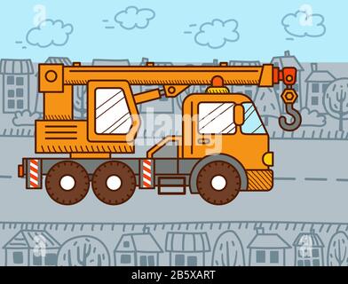 Kranwagen in der Stadt. Baumaschinen Stock Vektor