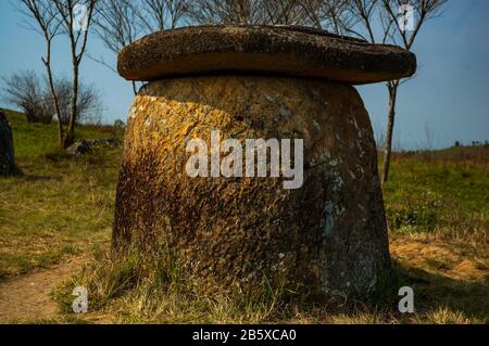 Ein Steinbecher mit Deckel auf der Ebene der Gläser um Phonsavan, Laos. Stockfoto